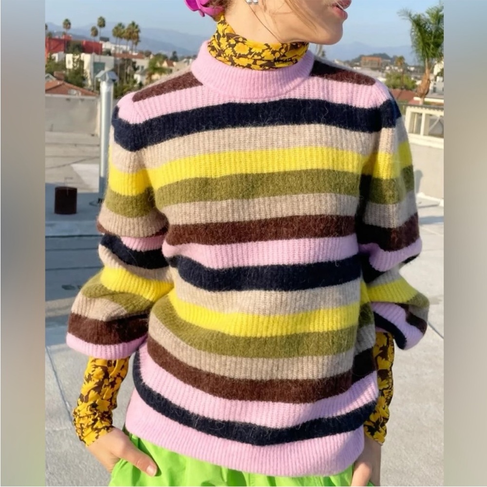 Ganni Multicolor Striped Crewneck Sweater - Pink, Yellow, Olive, Brown, Navy